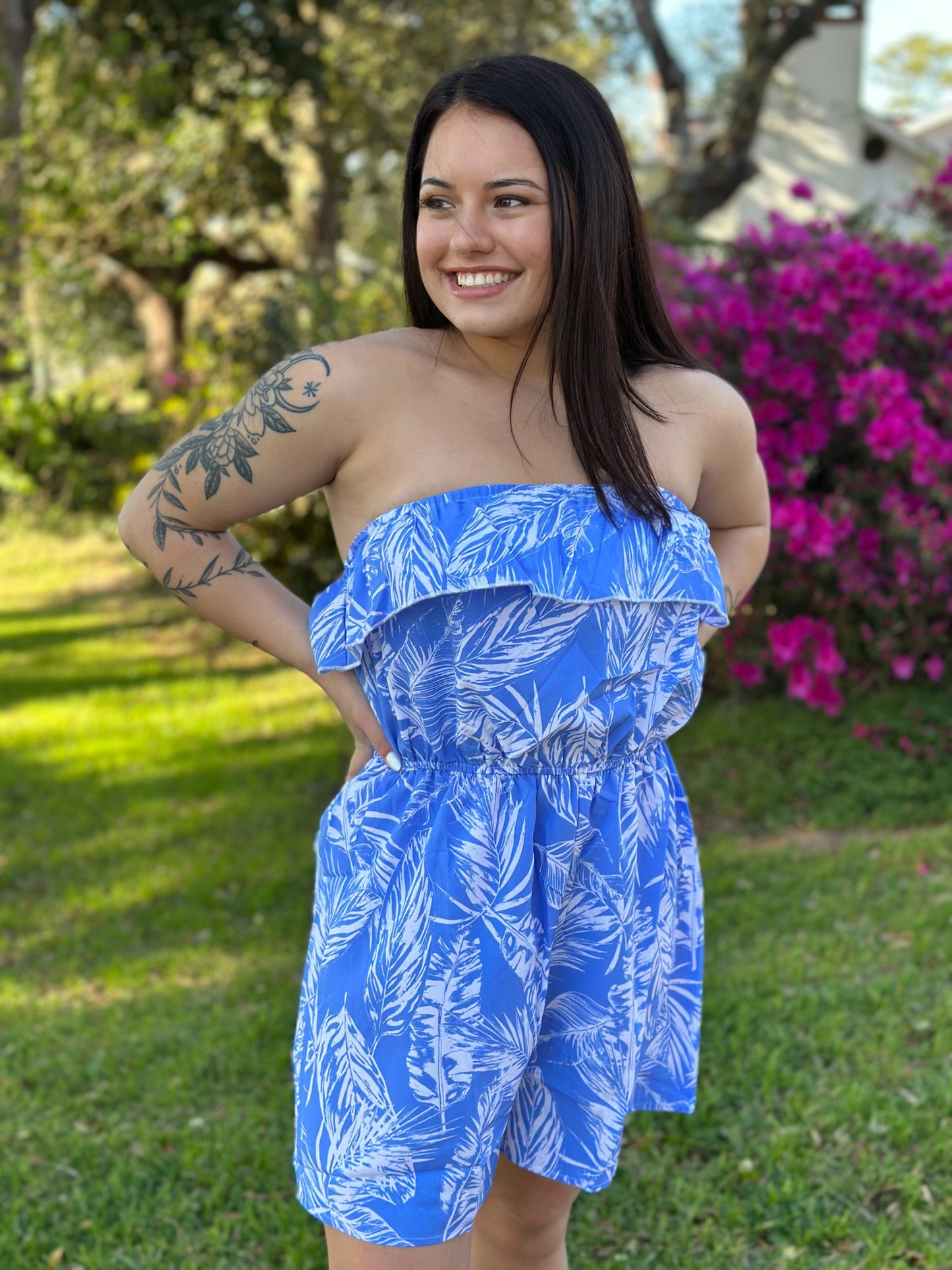 Floral Sky Blue Strapless Romper