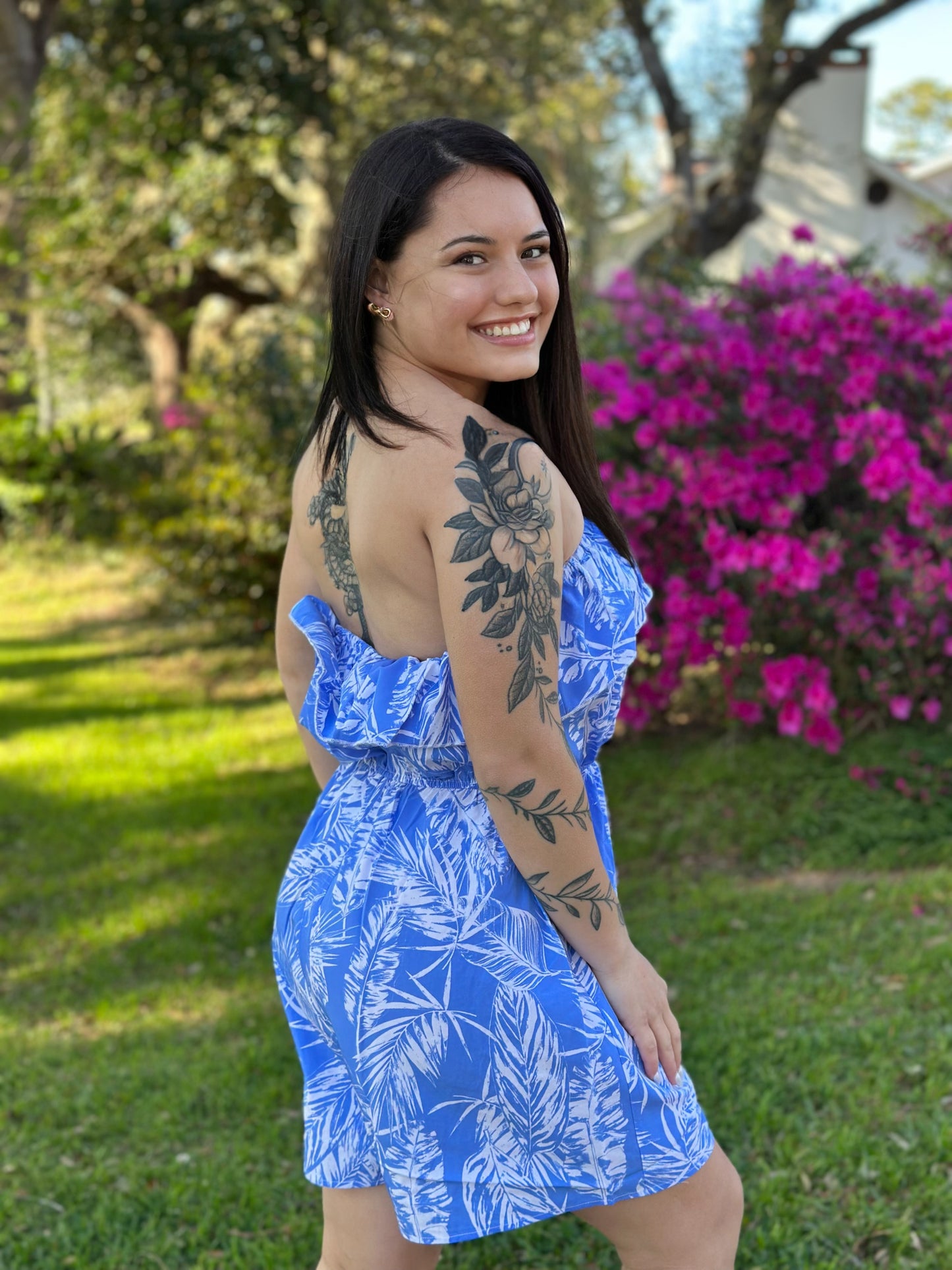 Floral Sky Blue Strapless Romper