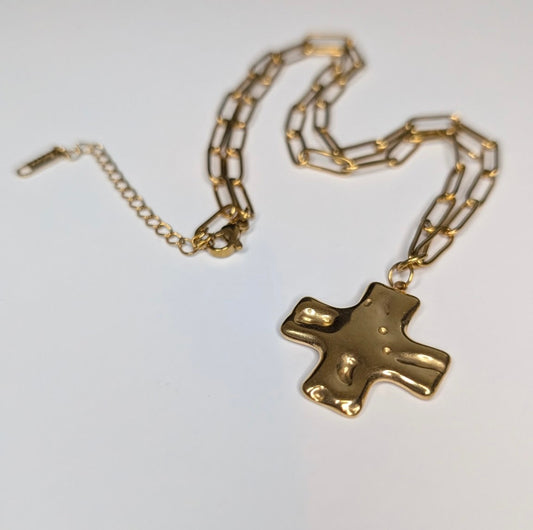 Hammered Cross Paper Clip Chain Necklace