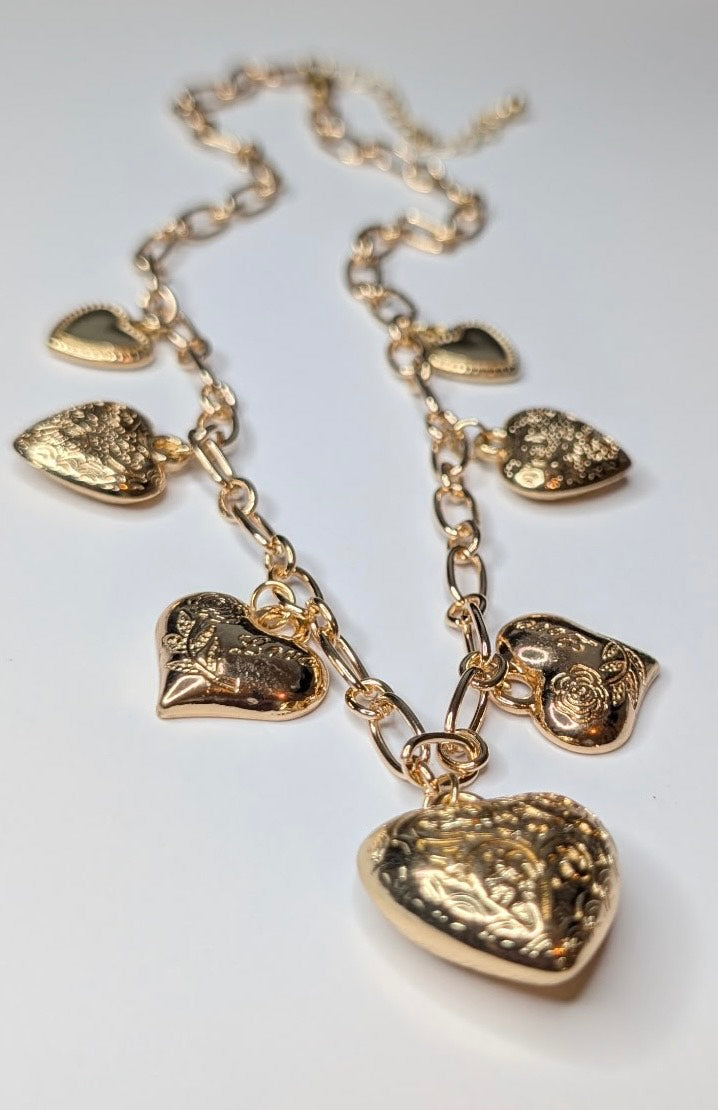 Multi Layer Gold Necklace With Cross, Hearts, Herringbone Necklace