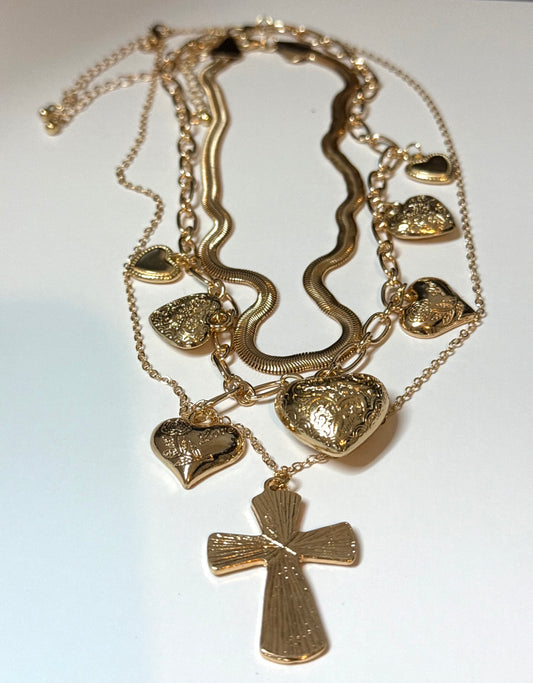 Multi Layer Gold Necklace With Cross, Hearts, Herringbone Necklace